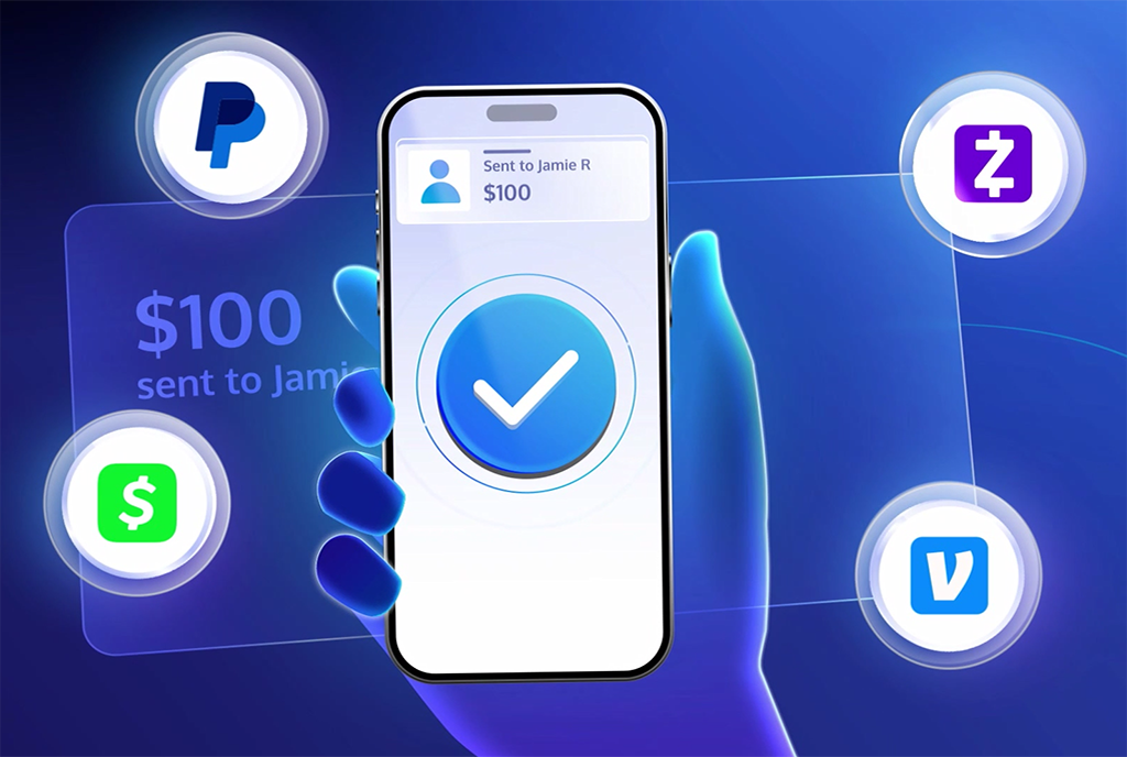 hand holding phone with p2p payment app logos around it