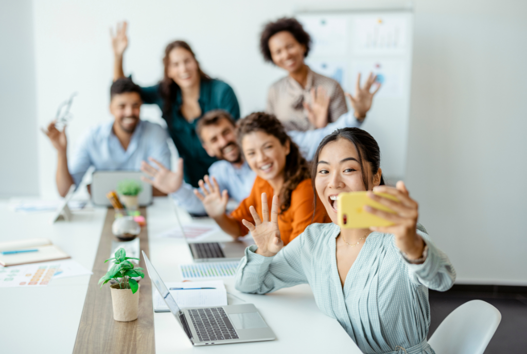Coworkers taking a selfie