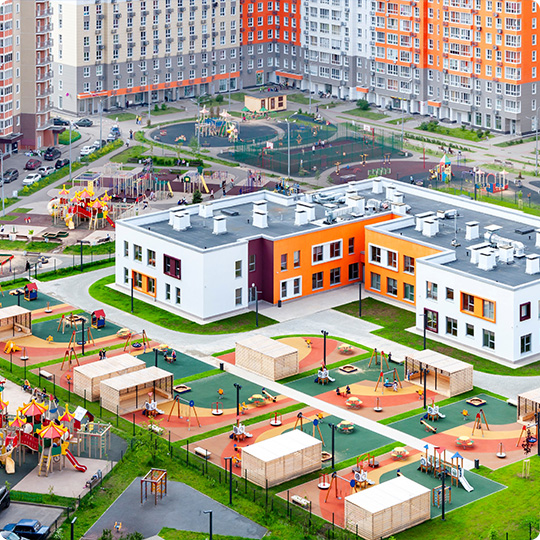 Public school building exterior, aerial shot