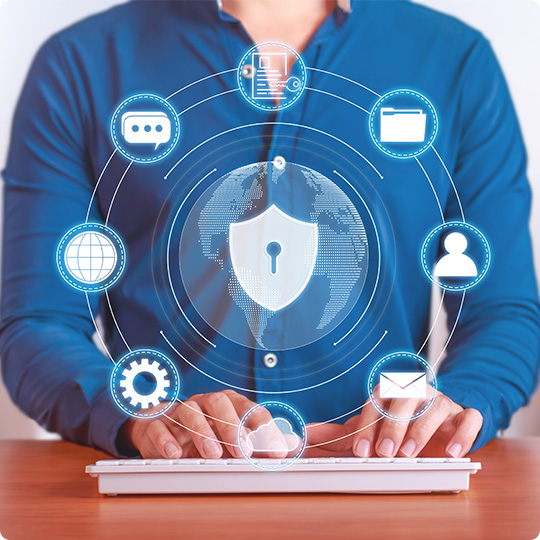 man on computer with lock icons